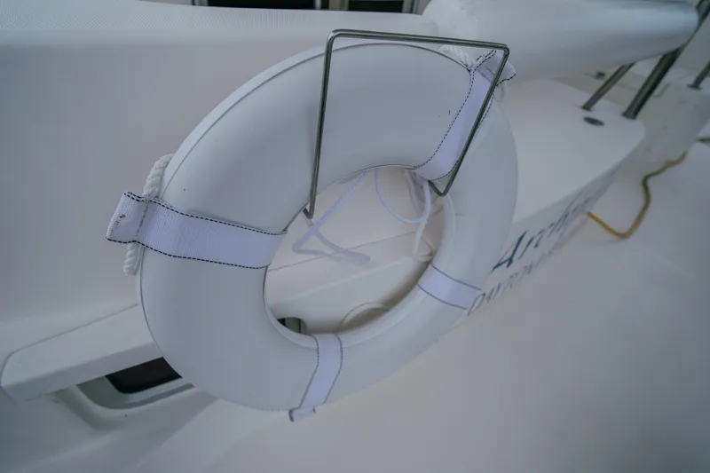 Slide: The Image of Life ring on a 2011 Leopard 38 yacht deck, secured with straps. - 66