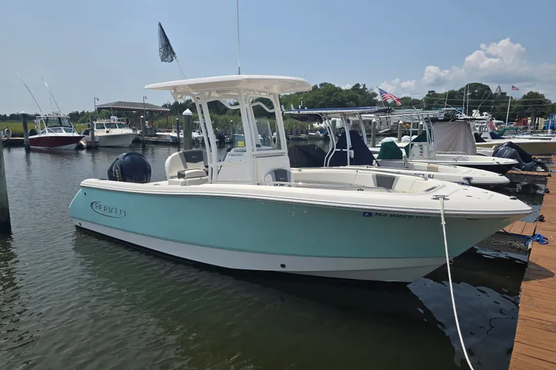 The Image of 2022 Robalo R230 Center Console boat docked at a marina under a clear sky. - 0