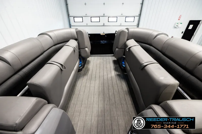 Slide: The Image of Interior of 2021 Avalon EXCALIBUR pontoon boat with luxurious gray seating. - 19