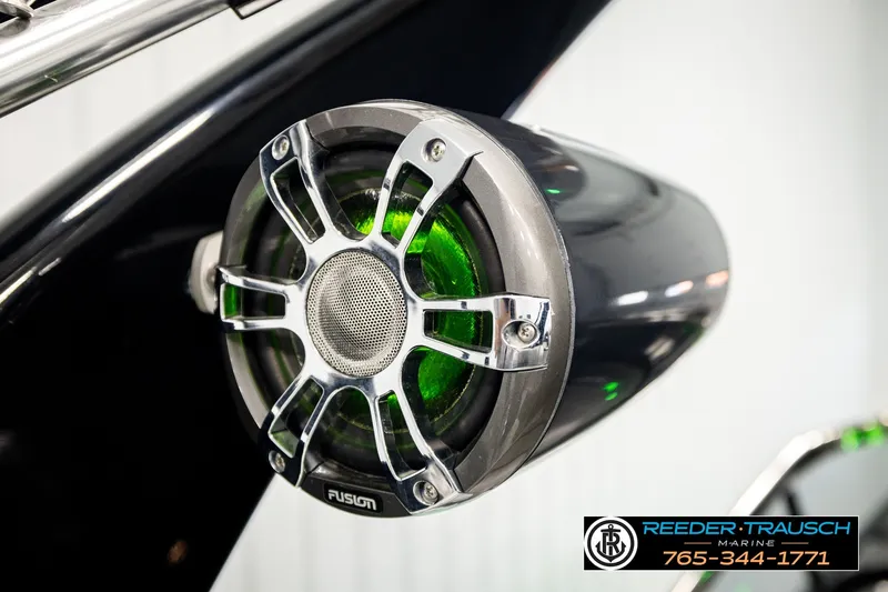Slide: The Image of Close-up of a Fusion speaker on a 2021 Avalon EXCALIBUR boat. - 48