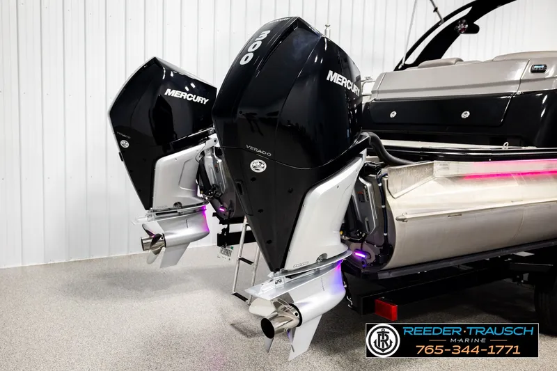 Slide: The Image of Twin Mercury 300 Verado engines on a 2021 Avalon EXCALIBUR boat at Reeder-Trausch Marine. - 52