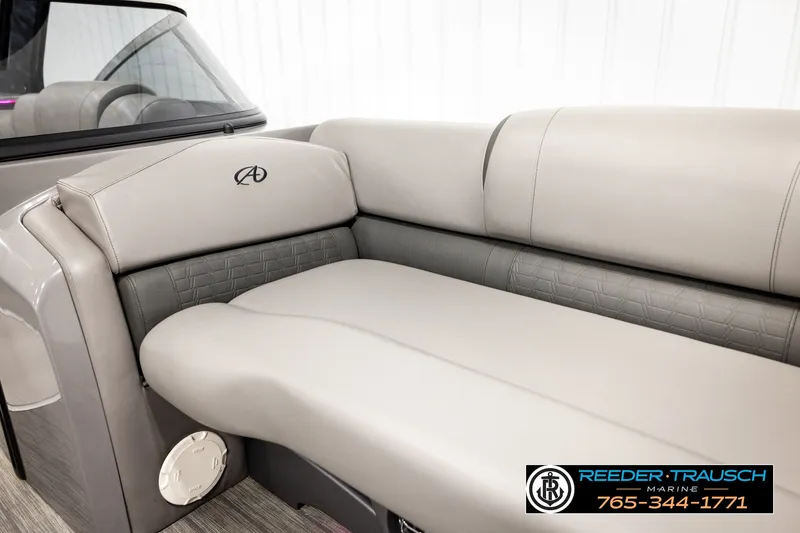 Slide: The Image of Luxurious seating in 2021 Avalon EXCALIBUR boat, featuring elegant gray upholstery. - 41