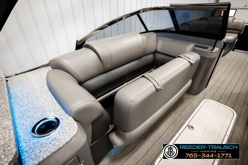 Slide: The Image of 2021 Avalon EXCALIBUR boat interior with luxurious gray seating and modern design. - 21