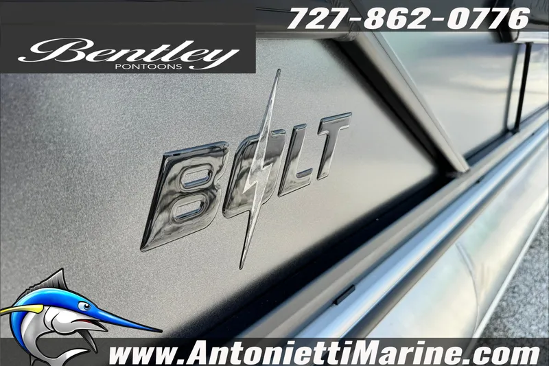 Slide: The Image of 2027 Bentley Pontoons Bolt 223 logo on sleek metallic surface, featuring contact details and website. - 6