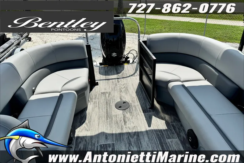 Slide: The Image of 2027 Bentley Pontoons Bolt 223 interior with gray seating, showcased by Antonietti Marine. - 11
