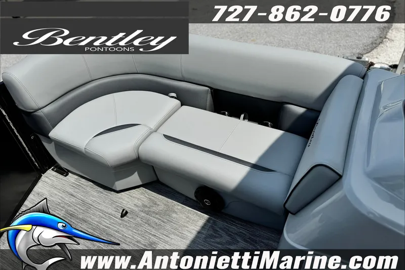 Slide: The Image of 2027 Bentley Pontoons Bolt 223 interior seating, featuring luxurious gray upholstery. - 18