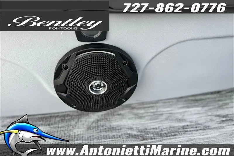 Slide: The Image of Bentley Pontoons Bolt 223 speaker detail with contact information and website. - 24