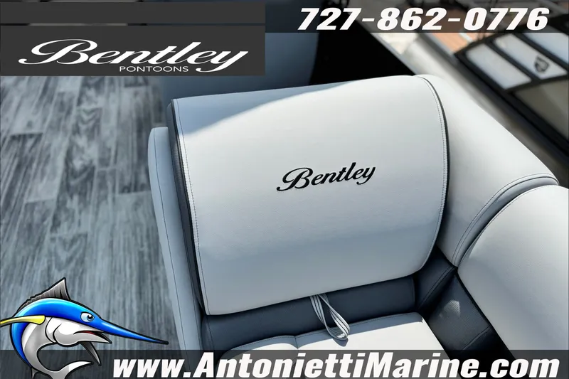 Slide: The Image of 2027 Bentley Pontoons Bolt 223 interior with logo, contact number, and website details. - 20