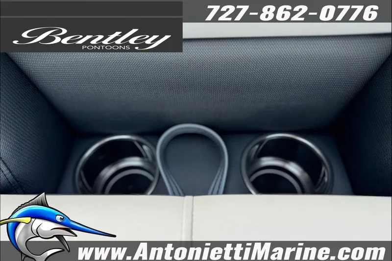 Slide: The Image of 2027 Bentley Pontoons Bolt 223 cup holders, Antonietti Marine contact details, marlin logo. - 25