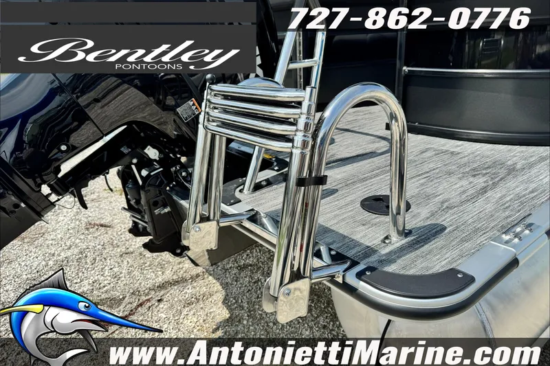 Slide: The Image of Bentley Pontoons Bolt 223, 2027 model, featuring a sleek swim ladder and deck. - 7