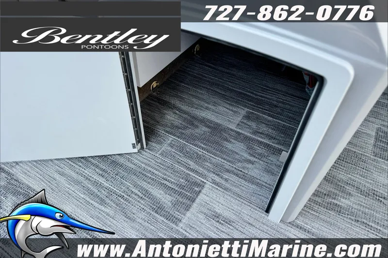 Slide: The Image of 2027 Bentley Pontoons Bolt 223 interior flooring and storage compartment detail. - 23