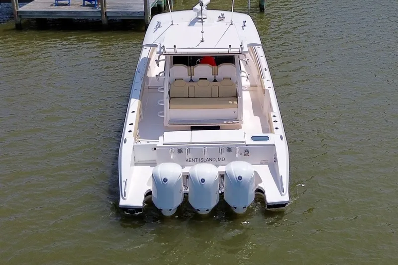 Slide: The Image of 2017 Pursuit S 408 Sport boat with triple engines, docked at Kent Island, MD. - 6