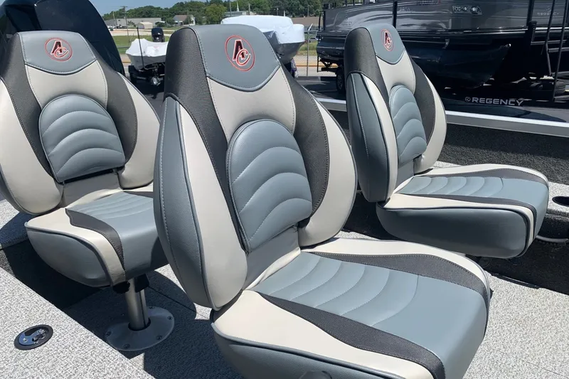 Slide: The Image of 2024 Alumacraft Classic 165 SC boat seats, featuring sleek gray and black design. - 8