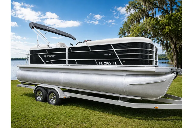 The Image of 2022 Sweetwater 2286 SBX pontoon boat on trailer by a lake. - 0