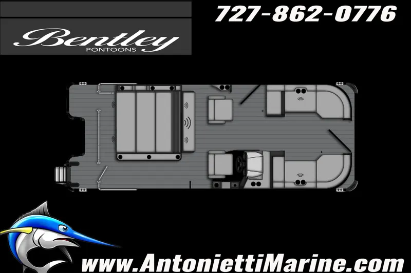 Slide: The Image of 2027 Bentley Pontoons Elite 253 Swingback floor plan with contact details and website. - 7