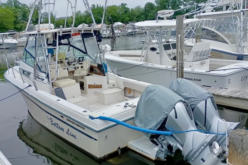 The Image of 1993 Grady-White Dolphin 250 boat docked, featuring dual outboard motors. - 0