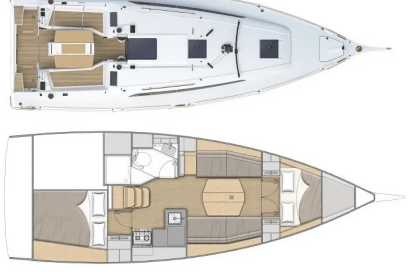 Slide: The Image of 2024 Beneteau Oceanis 34.1 yacht layout, featuring spacious deck and interior cabin design. - 1