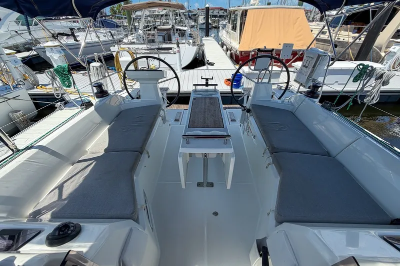 Slide: The Image of 2024 Beneteau Oceanis 34.1 yacht cockpit with dual steering wheels and comfortable seating. - 43