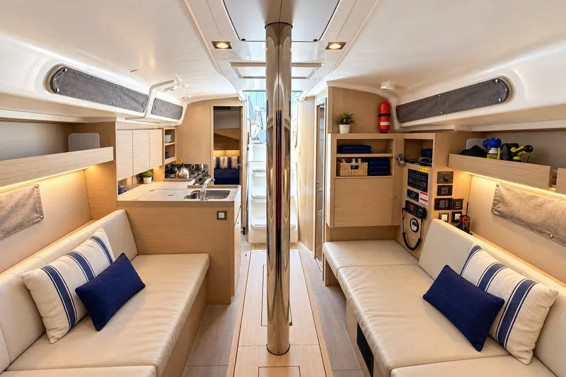 Slide: The Image of Luxurious interior of 2024 Beneteau Oceanis 34.1 yacht with modern furnishings and cozy seating. - 25