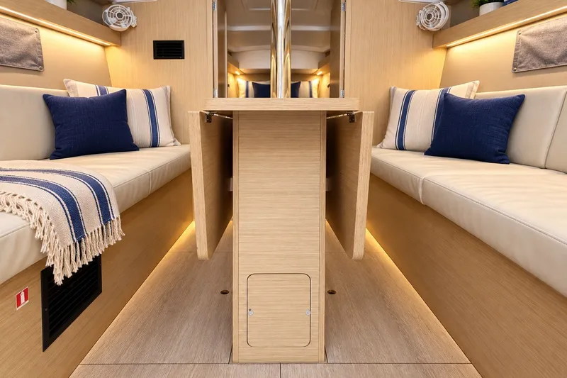 Slide: The Image of 2024 Beneteau Oceanis 34.1 interior with cozy seating and elegant wooden finishes. - 23