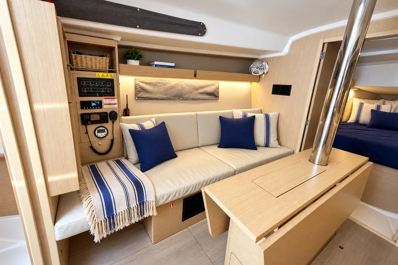 Slide: The Image of 2024 Beneteau Oceanis 34.1 interior with cozy seating, blue cushions, and modern design. - 16