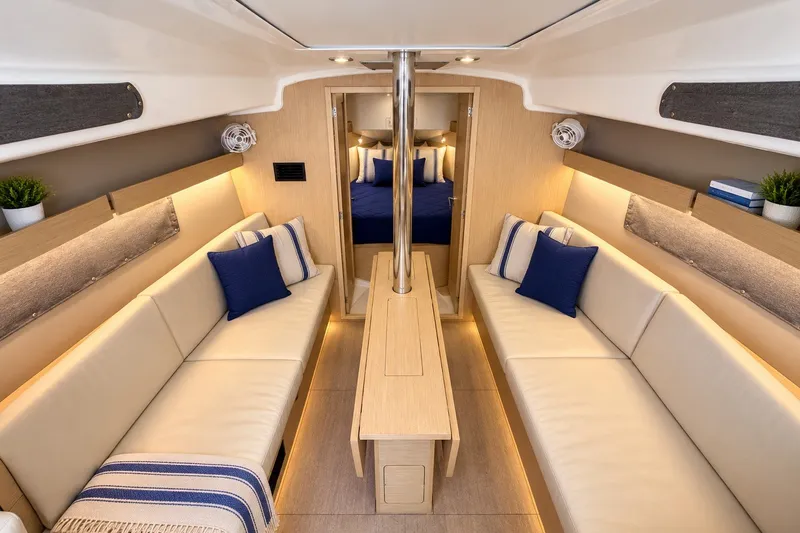Slide: The Image of Luxurious interior of 2024 Beneteau Oceanis 34.1 yacht with elegant seating and modern design. - 22