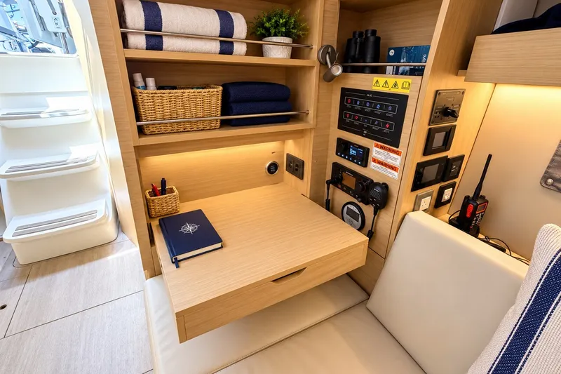 Slide: The Image of 2024 Beneteau Oceanis 34.1 yacht interior with navigation station and modern amenities. - 18