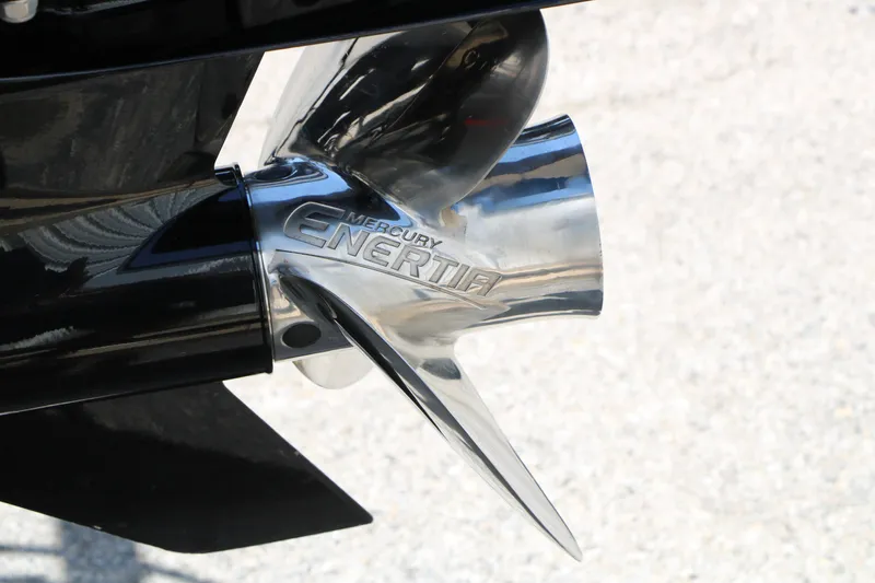 Slide: The Image of Close-up of Mercury Enertia propeller on 2025 Sun Tracker SportFish 20 DLX boat. - 46