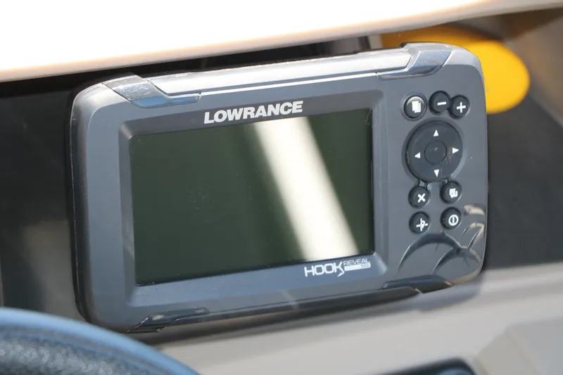 Slide: The Image of Lowrance Hook Reveal fish finder on 2025 Sun Tracker SportFish 20 DLX boat dashboard. - 25