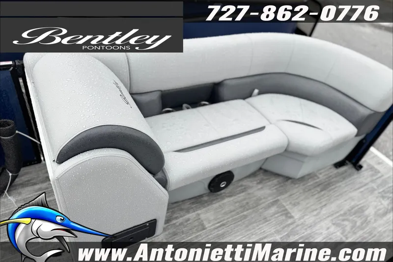 Slide: The Image of Bentley Pontoons Legacy 243 Swingback EXT 2027 with sleek seating, showcased by Antonietti Marine. - 3