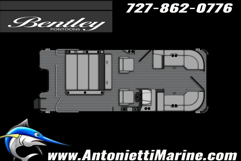 Slide: The Image of Bentley Pontoons Legacy 243 Swingback EXT 2027 floor plan with contact details and logo. - 7