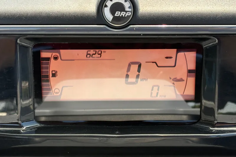 Slide: The Image of Dashboard display of a 2023 Seadoo Switch 21, showing 629 hours, 0 MPH, and 0 RPM. - 21