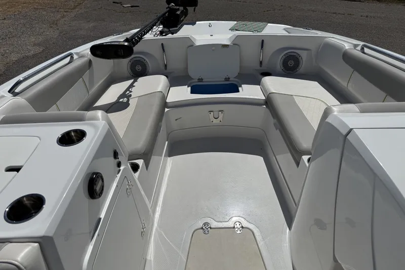 Slide: The Image of Interior view of 2021 Tahoe 2150 boat with seating and storage compartments. - 6