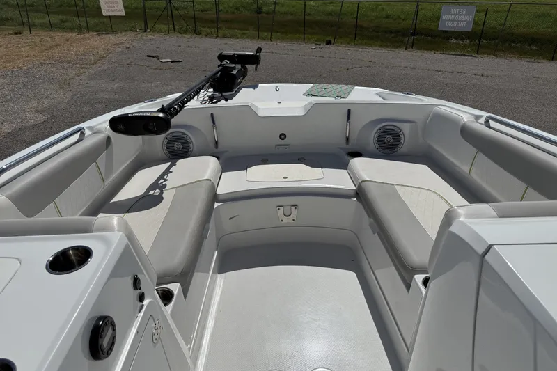 Slide: The Image of Interior view of a 2021 Tahoe 2150 boat with seating and speakers. - 7