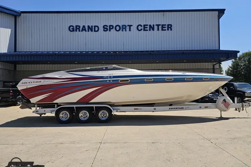The Image of 2001 Advantage 34 Offshore boat on trailer at Grand Sport Center. - 1
