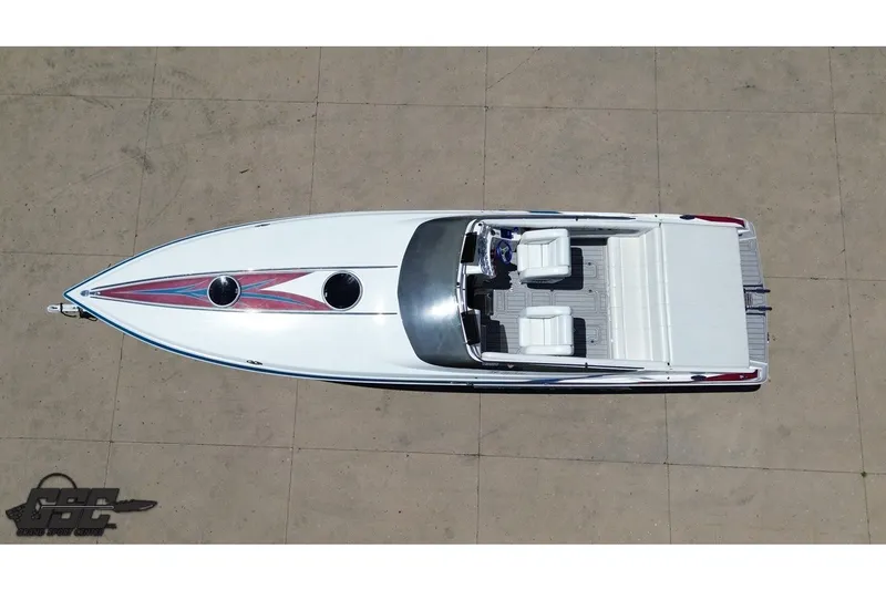 Slide: The Image of Overhead view of 2001 Advantage 34 Offshore boat with sleek design and spacious seating. - 30