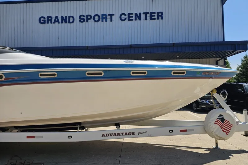 Slide: The Image of 2001 Advantage 34 Offshore boat on trailer at Grand Sport Center. - 12
