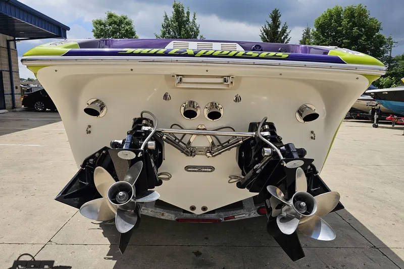 Slide: The Image of Rear view of a 2007 Sunsation 32 Dominator boat with dual propellers. - 29