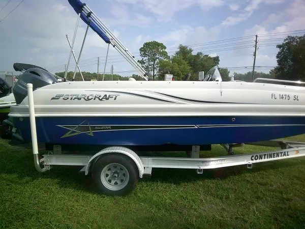 Slide: The Image of 2019 Starcraft Allstar 1915 on a trailer, white and blue design, parked outdoors. - 6