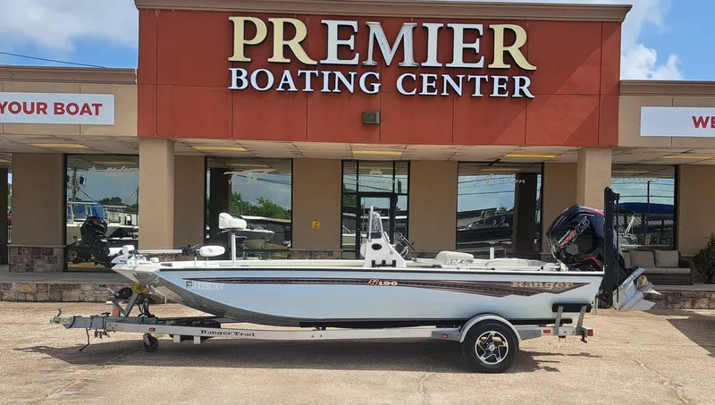 Slide: The Image of A 2022 Ranger RB190 boat on a trailer in front of a boating center. - 11