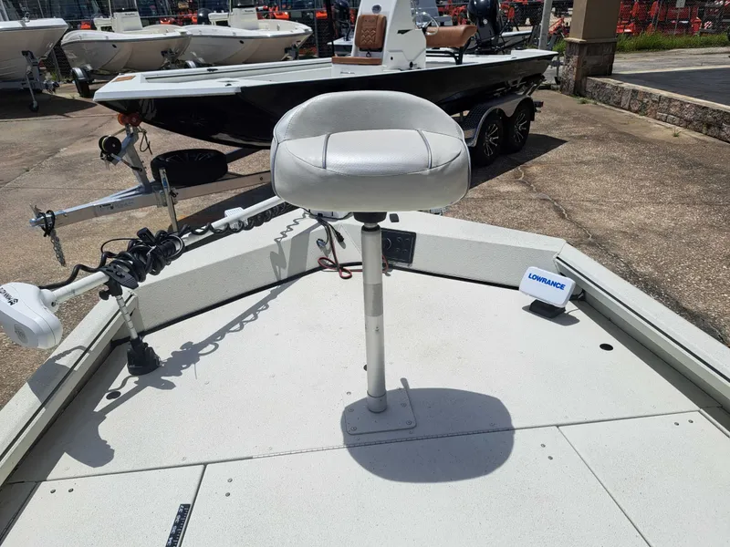 Slide: The Image of A 2022 Ranger RB190 boat with an elevated seat on the bow deck and a fish finder. - 13