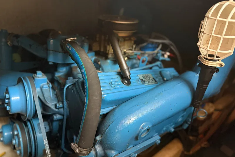Slide: The Image of 1987 Chris-Craft 362 Catalina engine, blue components, detailed view. - 38