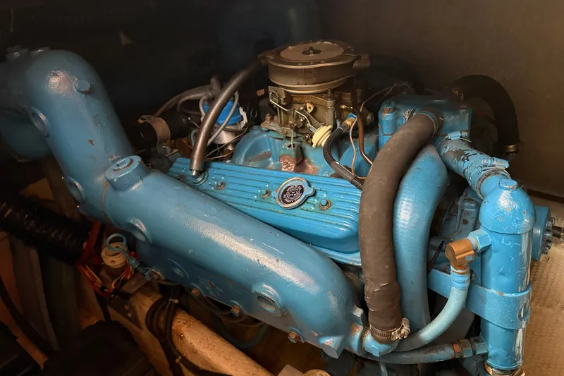 Slide: The Image of 1987 Chris-Craft 362 Catalina engine, blue components, detailed view. - 35