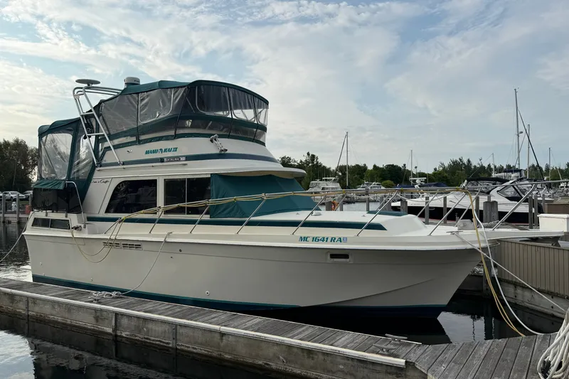 The Image of 1987 Chris-Craft 362 Catalina yacht docked at marina under cloudy sky. - 0