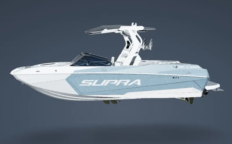 The Image of The image shows a modern motorboat, the 2027 Supra SL 450, featuring a sleek design. - 1