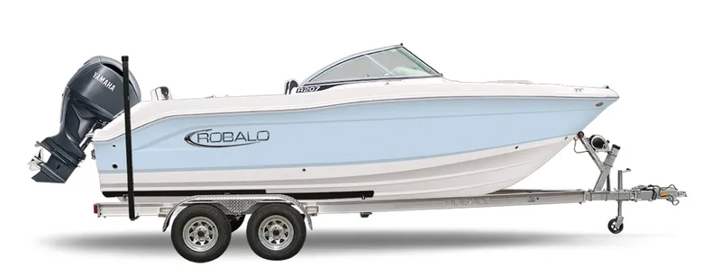 The Image of A 2027 Robalo R 207 boat on a trailer, featuring an outboard motor. - 1