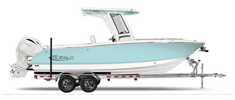 The Image of A 2027 Robalo R 250 boat on a trailer, featuring a turquoise hull and an outboard motor. - 1
