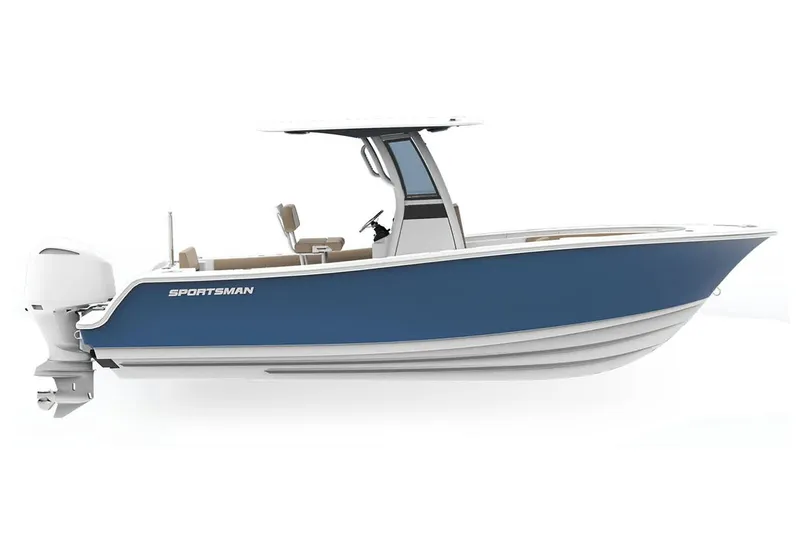 Slide: The Image of The image shows a 2025 Sportsman Open 232 Center Console boat with a blue hull and white top. - 2