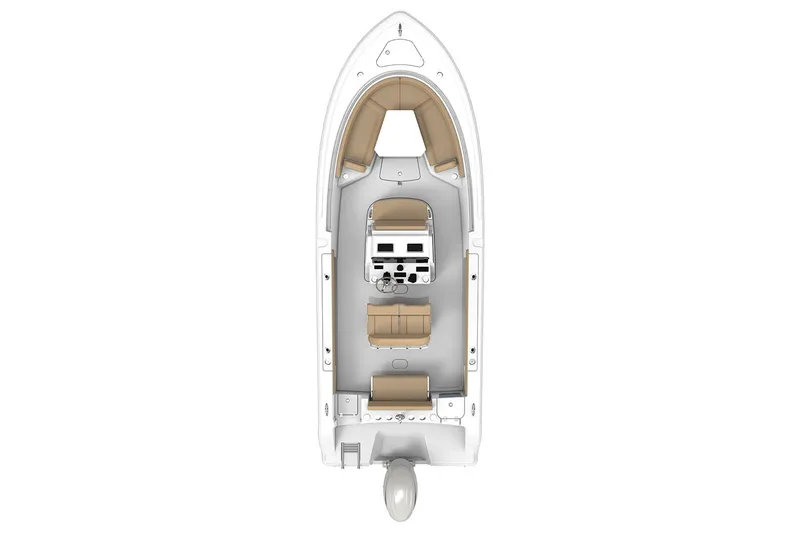 Slide: The Image of Overhead view of a 2025 Sportsman Open 232 Center Console boat with beige seating. - 3