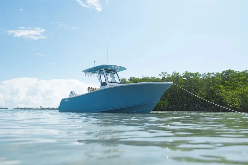Slide: The Image of A blue sport boat is anchored in calm water, surrounded by mangroves. - 20